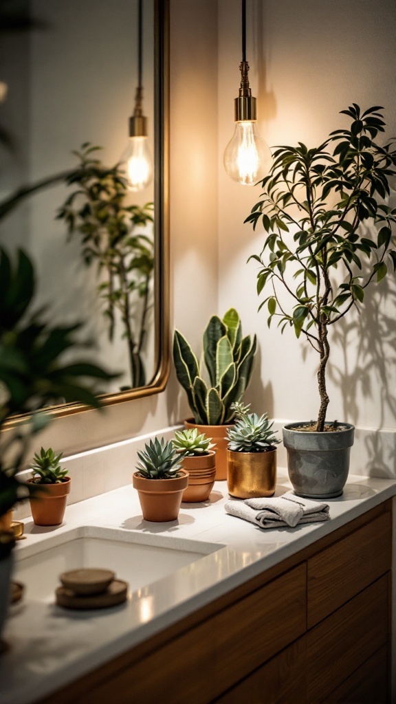 A bathroom counter decorated with various succulent plants in stylish pots, complemented by warm lighting and a mirror.