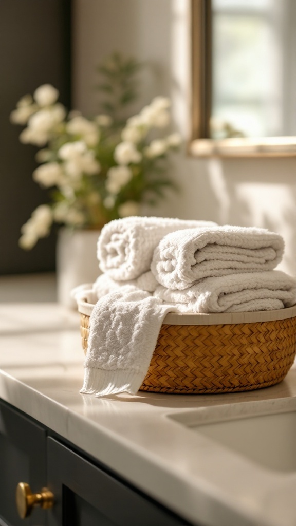A basket of neatly rolled white textured hand towels on a bathroom counter