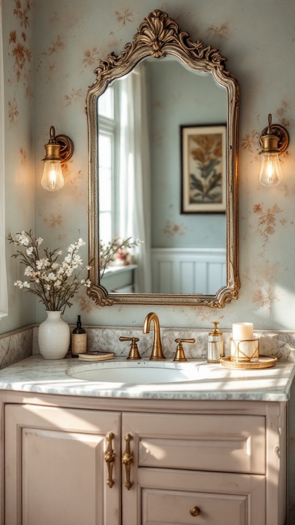 A vintage mirror above a marble bathroom sink with decorative accents.