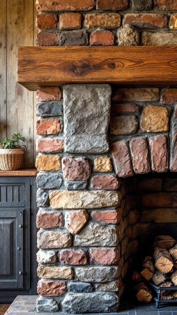 A brick fireplace with textured stonework and a wooden mantel.