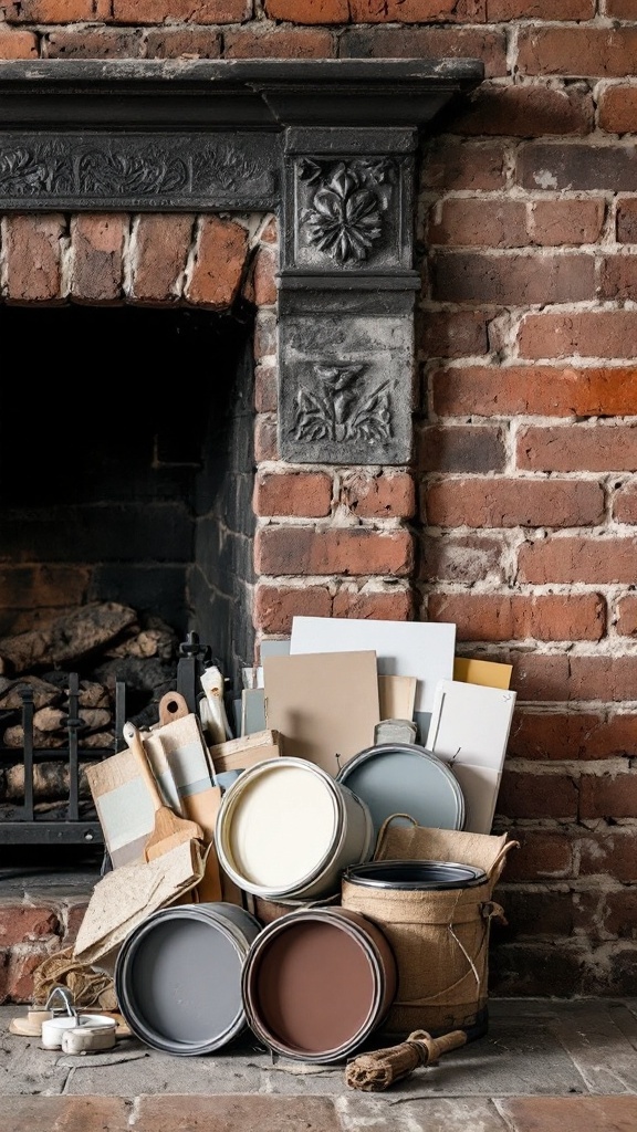 A collection of paint cans and color samples next to a brick fireplace.