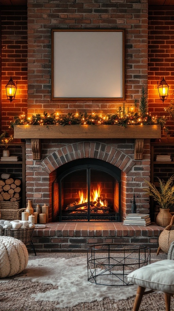 Cozy brick fireplace with decorative mantel and warm lighting