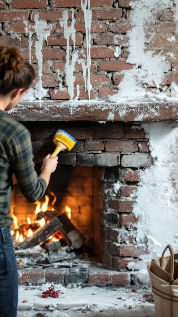 A person cleaning a brick fireplace with a brush, with a warm fire burning inside.