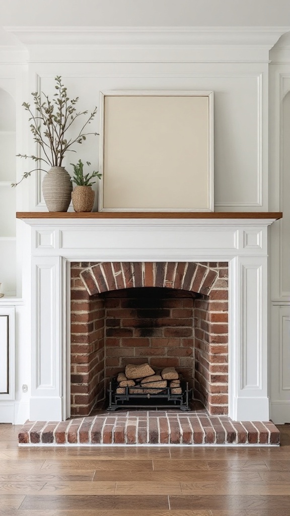 A modern brick fireplace with white trim, wooden mantel, and decorative elements.