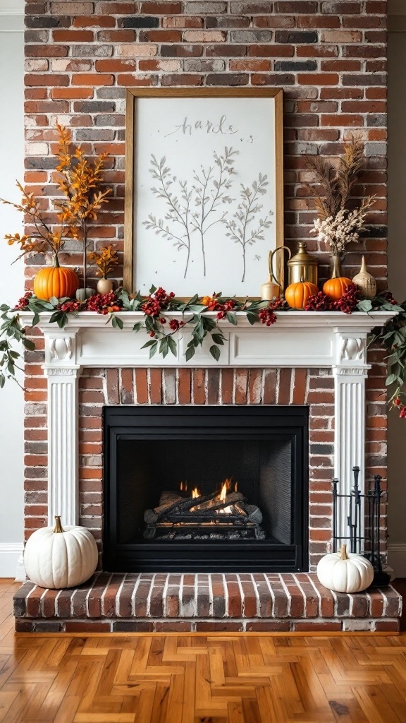 A decorated brick fireplace with a white mantel, featuring autumn-themed decor including pumpkins, foliage, and a framed art piece.