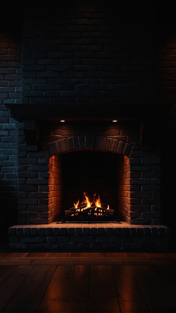 A cozy brick fireplace with flames and subtle lighting creating a warm atmosphere