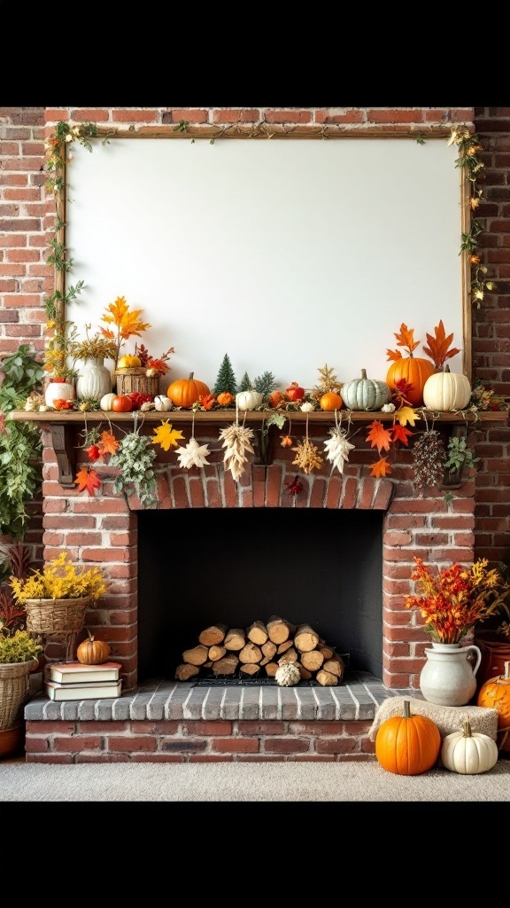 A decorated brick fireplace for autumn with pumpkins, leaves, and greenery.