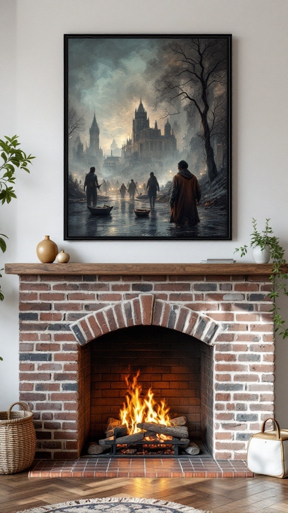 A cozy brick fireplace with a glowing fire, featuring a large atmospheric painting above it and decorative plants nearby.