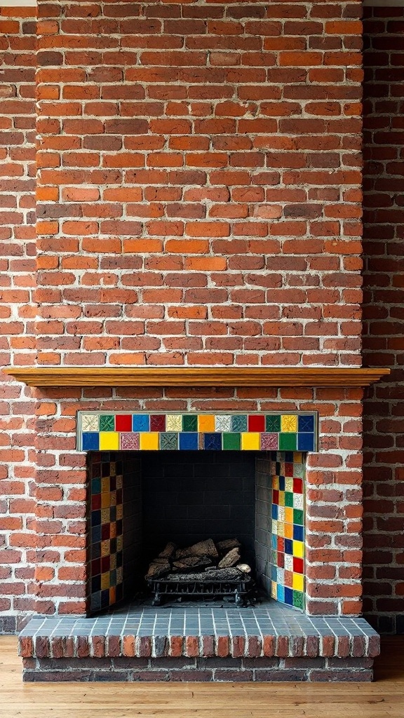 A brick fireplace with colorful tiles around the mantel and hearth.