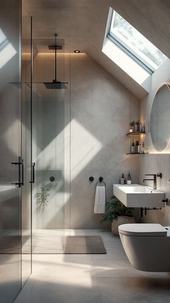 Bright and modern small bathroom featuring glass elements and natural light.