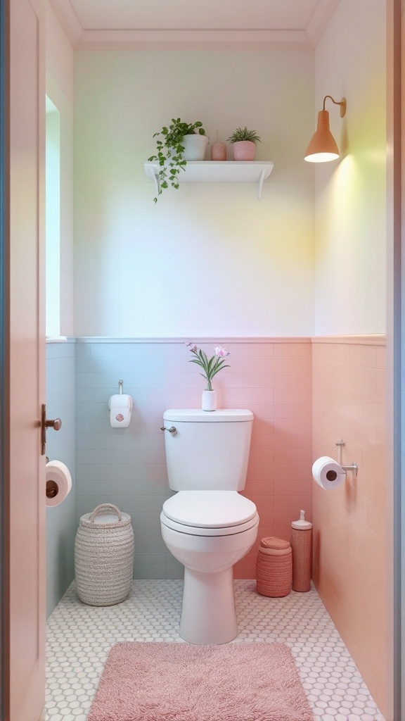 A small bathroom with a light color scheme featuring pastel walls, white fixtures, and decorative plants.