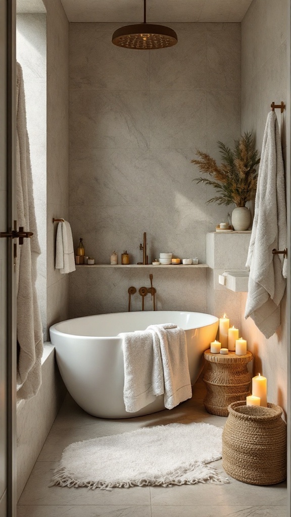 A cozy small bathroom featuring a white bathtub, candles, and natural textures.