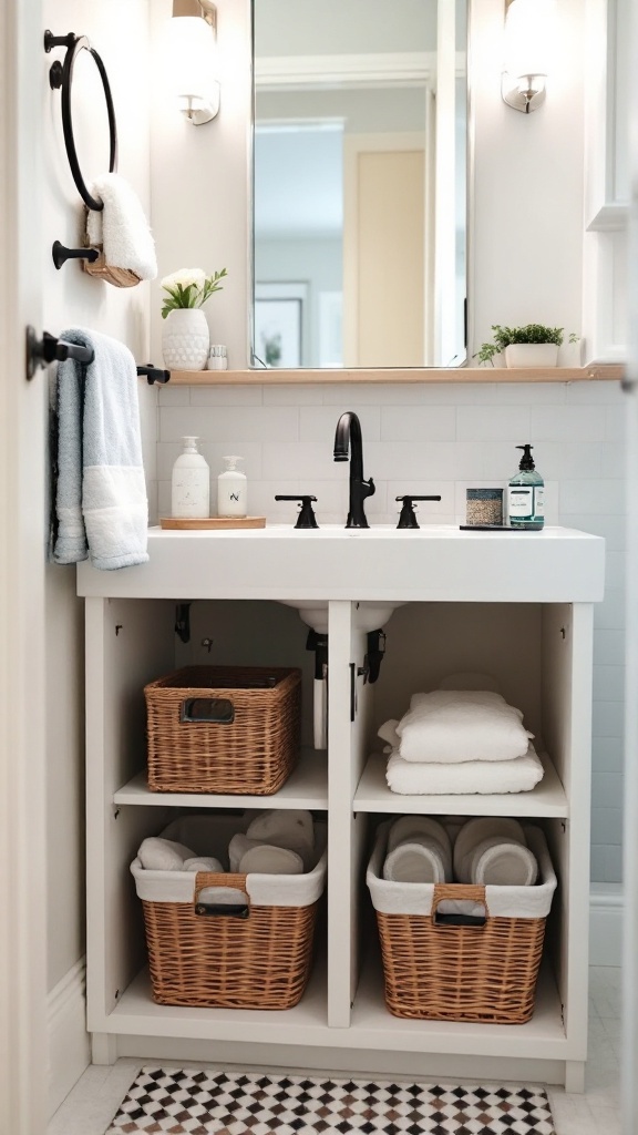 Organized bathroom sink area with wicker baskets and neatly stacked towels