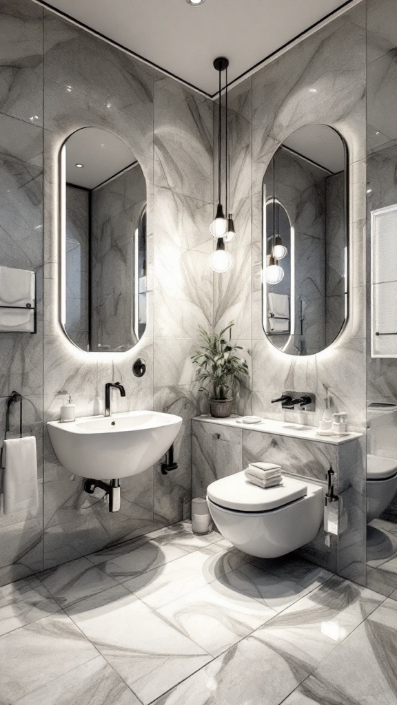 A small bathroom showcasing elegant mirrors that enhance the room's depth and light.