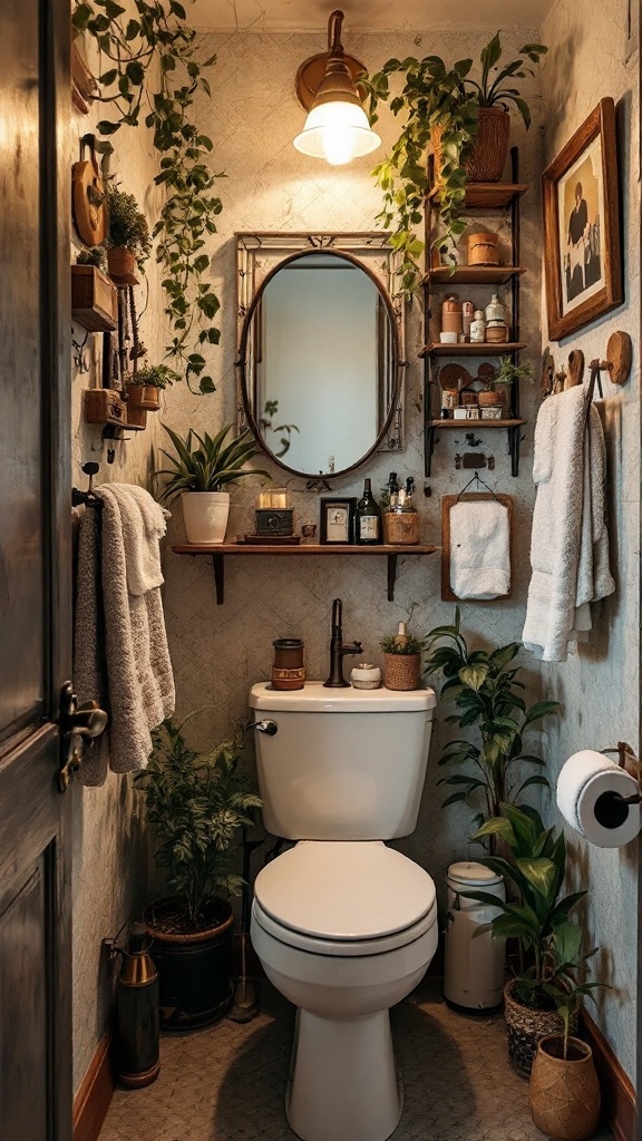 Stylish small bathroom featuring plants, a decorative mirror, and organized shelves
