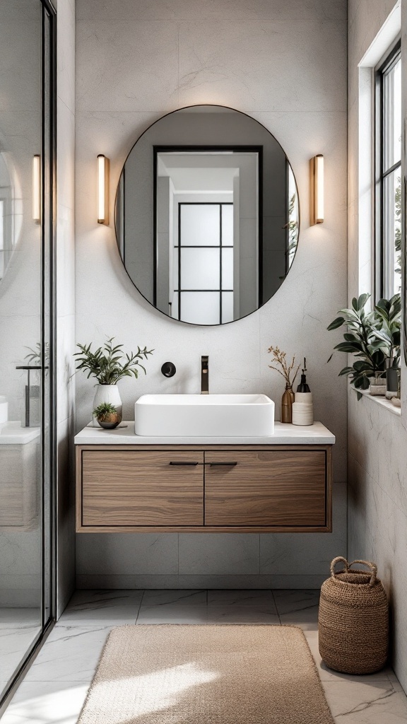 A modern bathroom featuring a floating vanity, large round mirror, and plants.