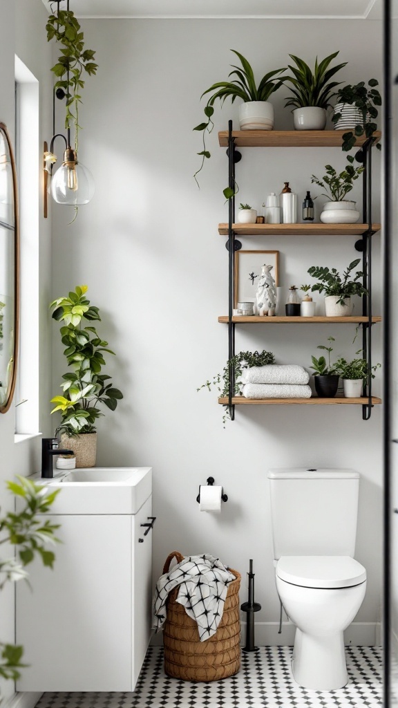 A small bathroom featuring vertical shelving with plants and decorative items.