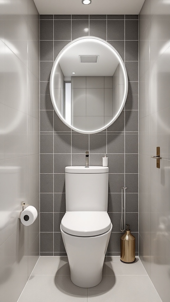 A compact bathroom featuring a modern toilet, round mirror, and stylish accessories against a gray tiled wall.