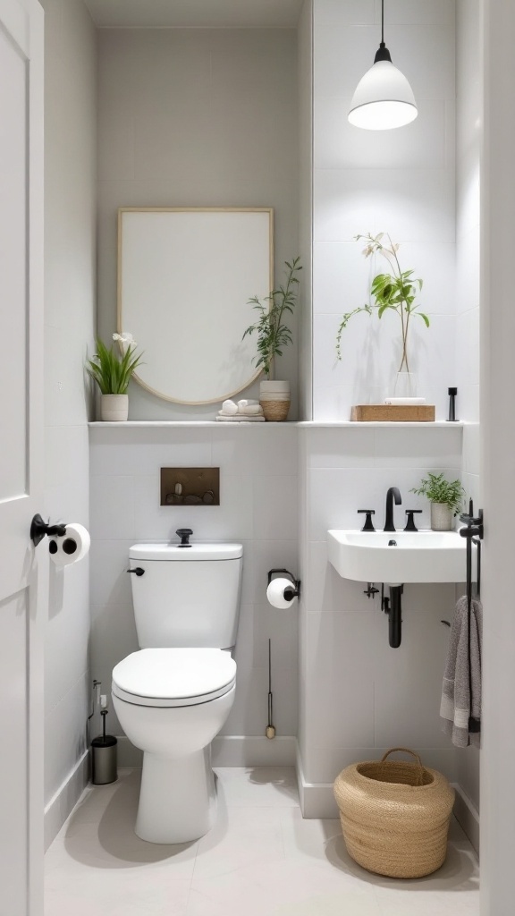 Small bathroom with corner sink, toilet, and plants