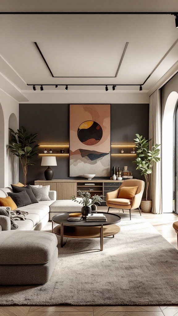 A modern open concept living and dining room featuring a blend of muted colors and warm accents.