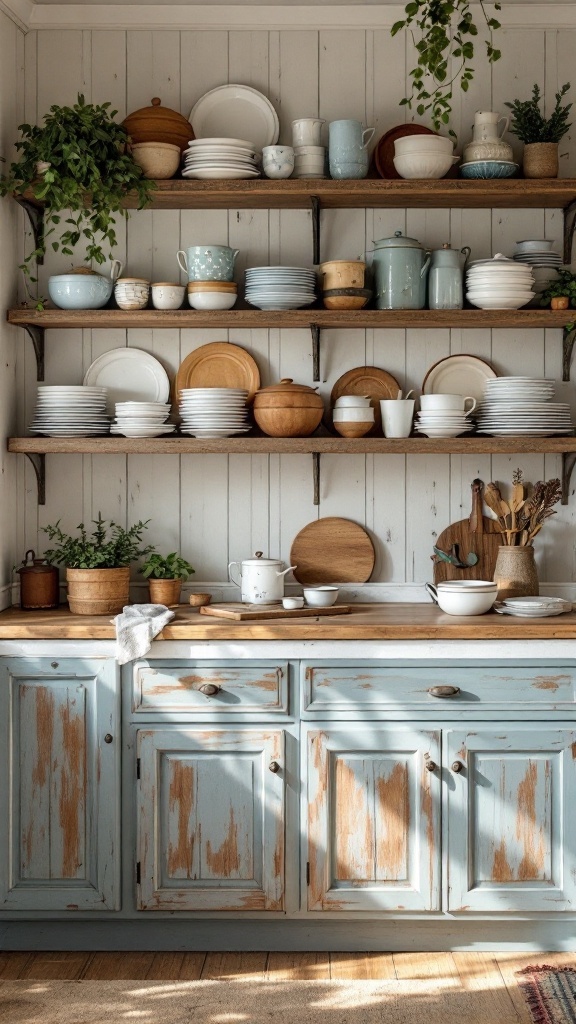 A rustic kitchen with distressed blue cabinets, open shelving displaying dishware, and hanging plants.