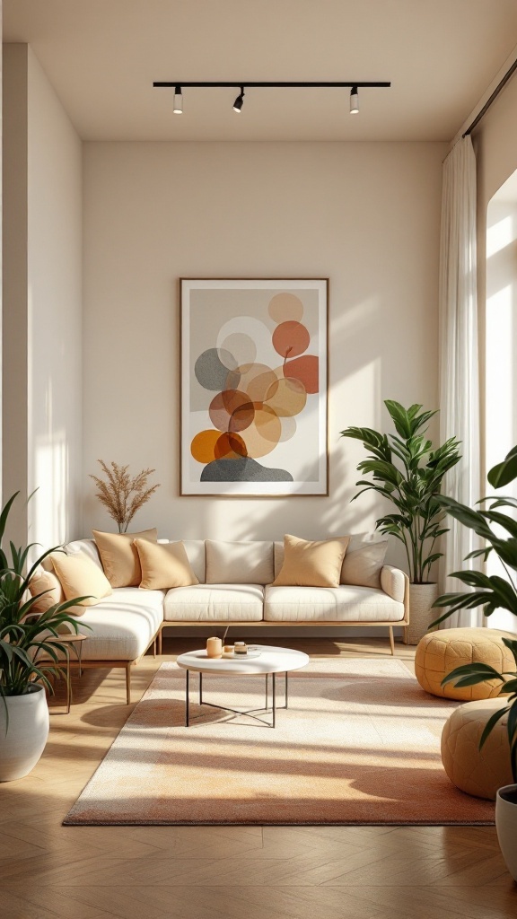 A modern open concept living room with earth tone decor, plants, and soft lighting