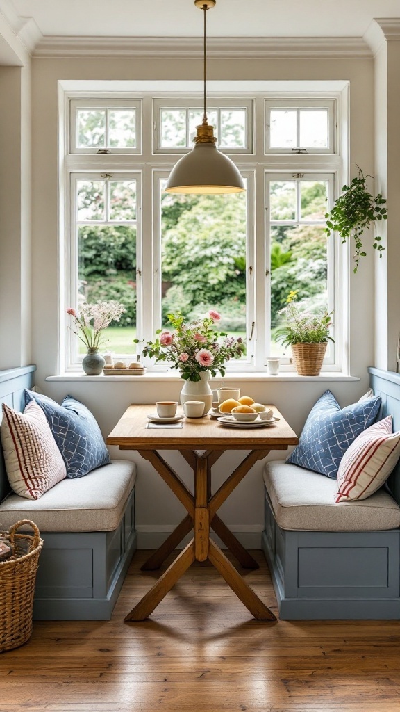 A cozy breakfast nook featuring a wooden table, blue benches with cushions, flowers, and natural light coming through large windows.