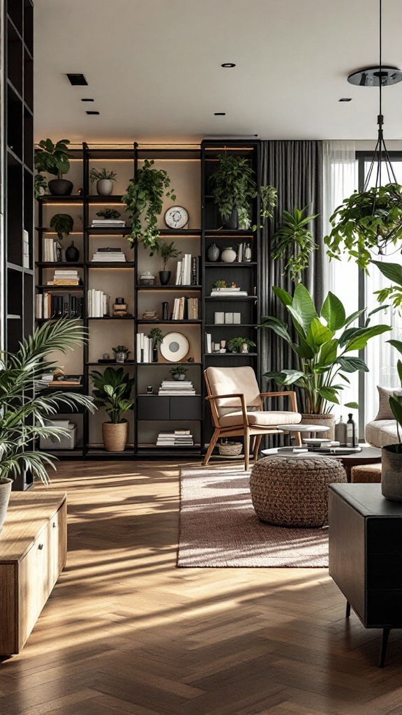 Open concept living room with a bookshelf divider and plants