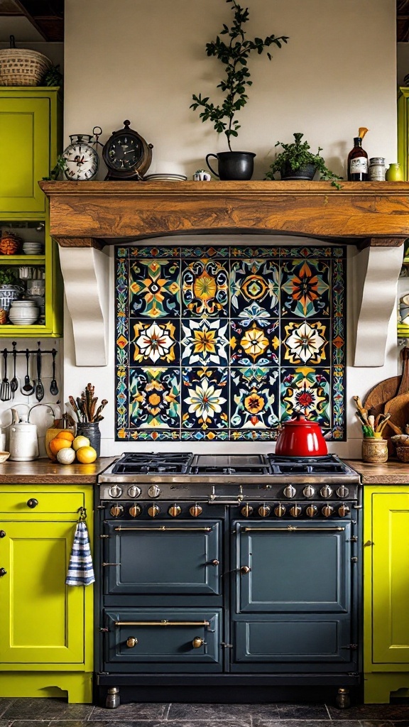 Cottage kitchen featuring decorative tile backsplash, colorful cabinetry, and vintage decor.