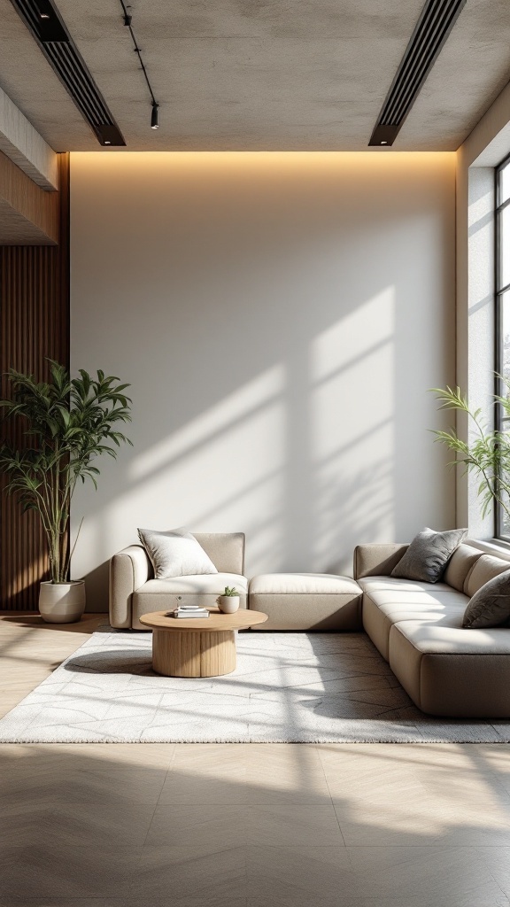 Cozy open concept living room with a sectional sofa, a round coffee table, and plants