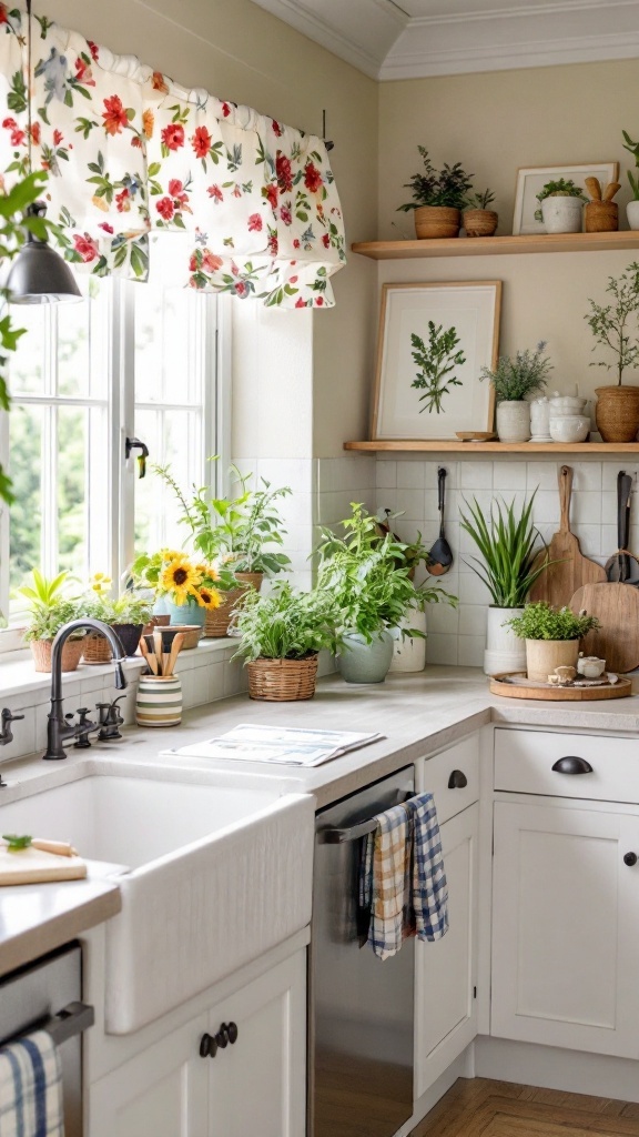 A bright cottage kitchen with floral curtains and numerous potted plants on the shelves, creating a cheerful garden-inspired atmosphere.