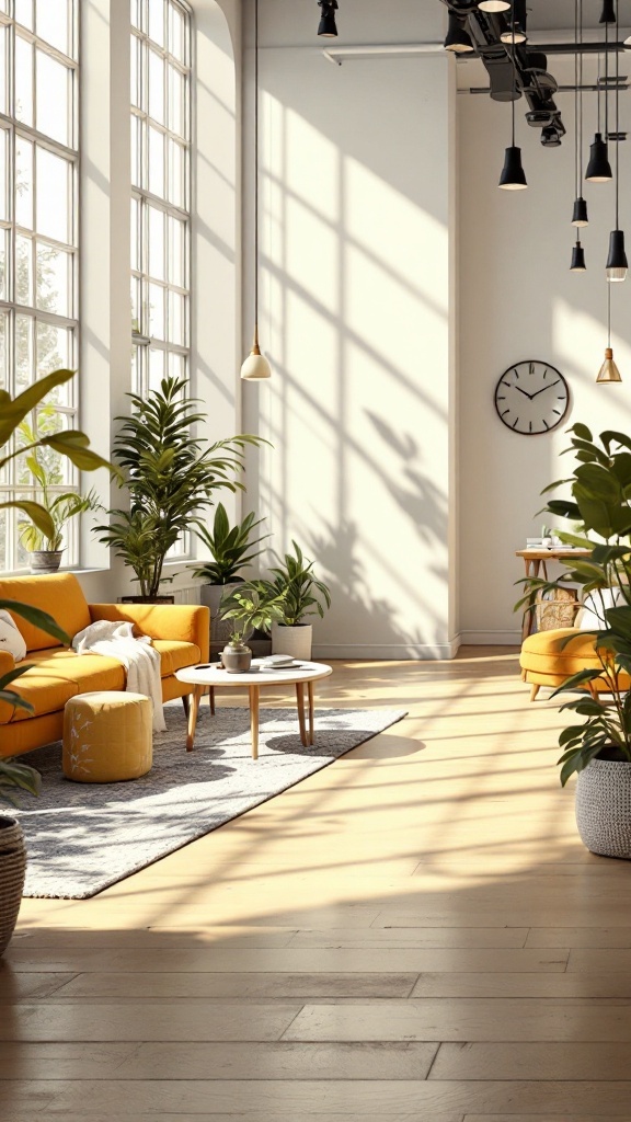 A bright open concept living and dining room with large windows, yellow furniture, and plants.