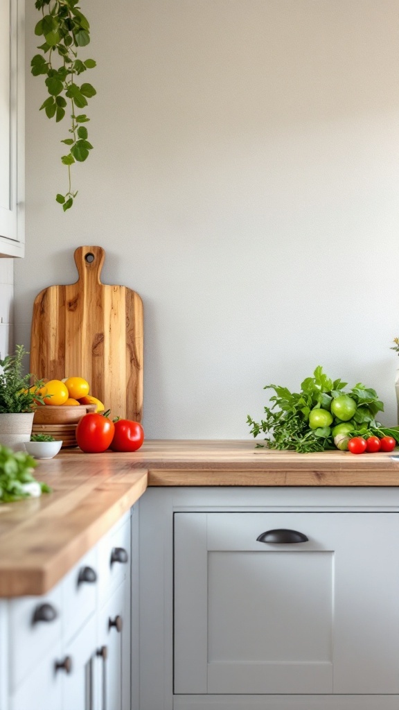 A cozy cottage kitchen featuring natural wood countertops with fresh vegetables.