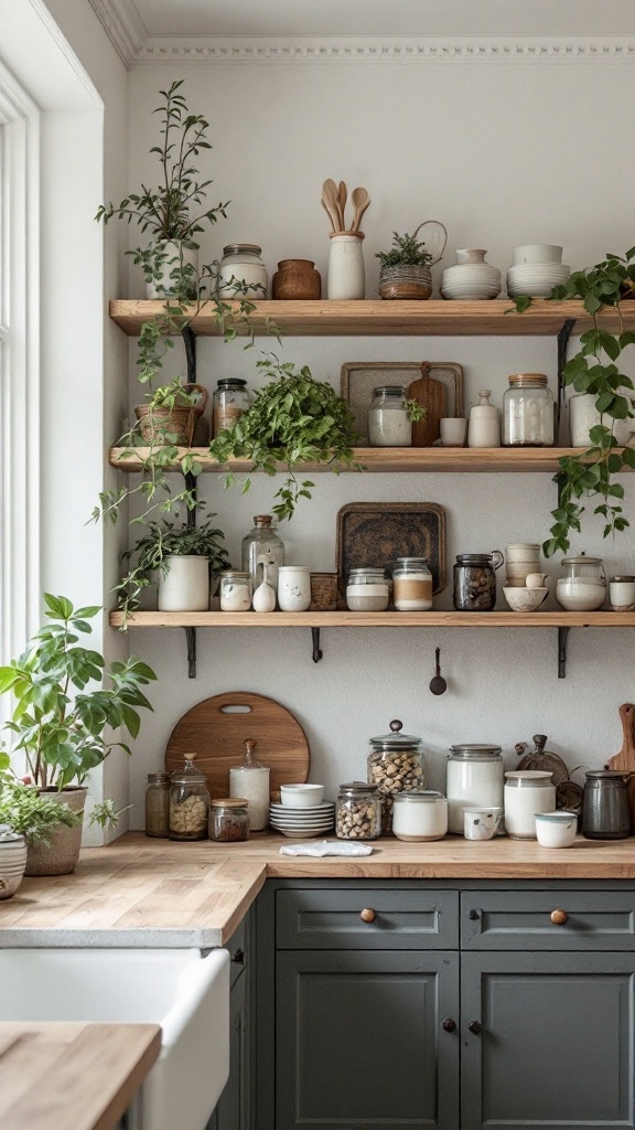 A cottage kitchen with open shelving displaying plants, jars, and kitchenware.