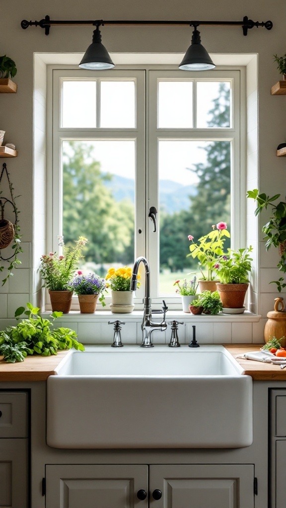 A cozy kitchen featuring a farmhouse sink surrounded by plants and a view of greenery outside.