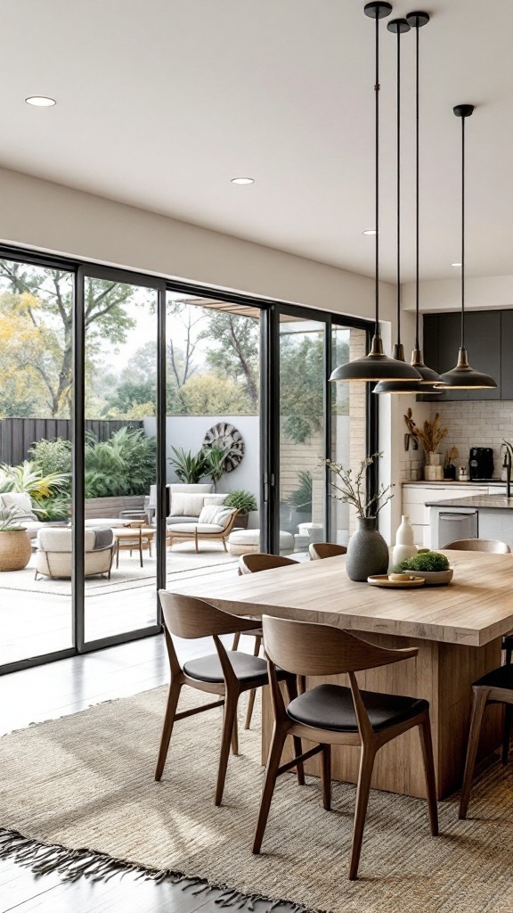 Open concept living and dining room with large glass doors leading to an outdoor seating area.