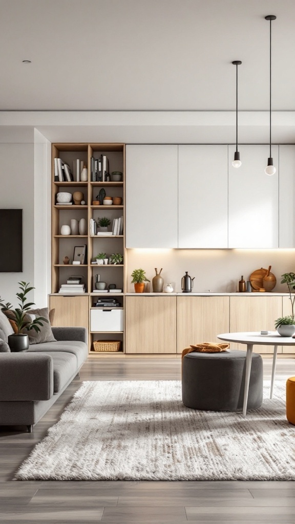 An open concept living room with smart storage solutions, featuring a shelving unit and cabinetry.