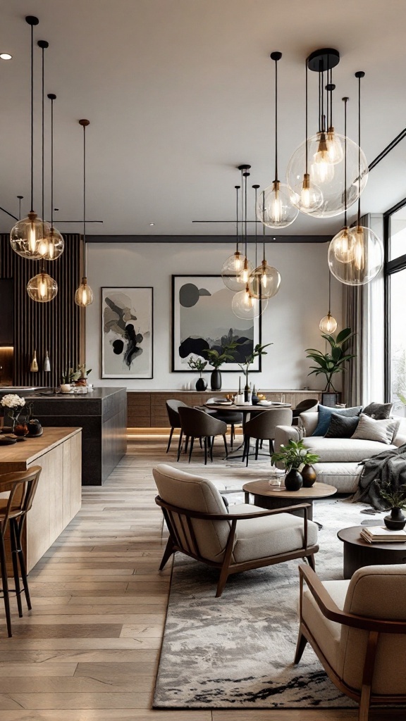 A modern open concept living and dining room featuring stylish hanging light fixtures.