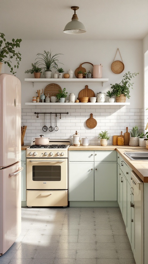 A cozy cottage kitchen featuring vintage-inspired appliances, including a pink refrigerator and cream-colored stove, complemented by open shelves and greenery.