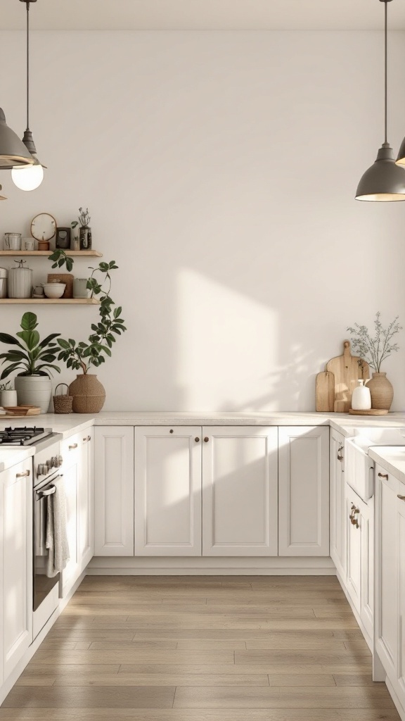 A warm neutral cottage kitchen with white cabinets, wooden accents, and plants on open shelves.