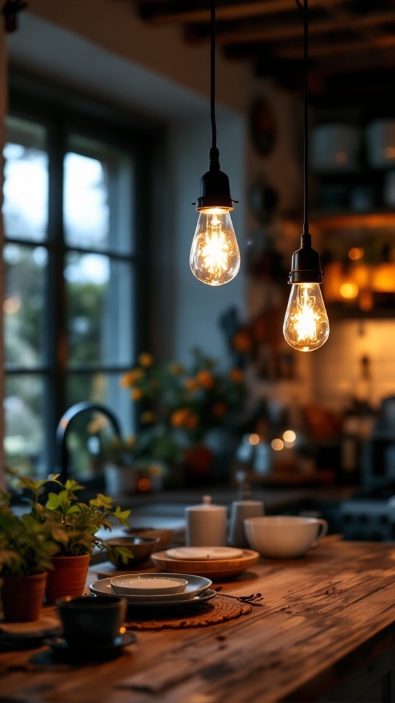 Two vintage pendant lights with warm bulbs hanging in a cozy cottage kitchen