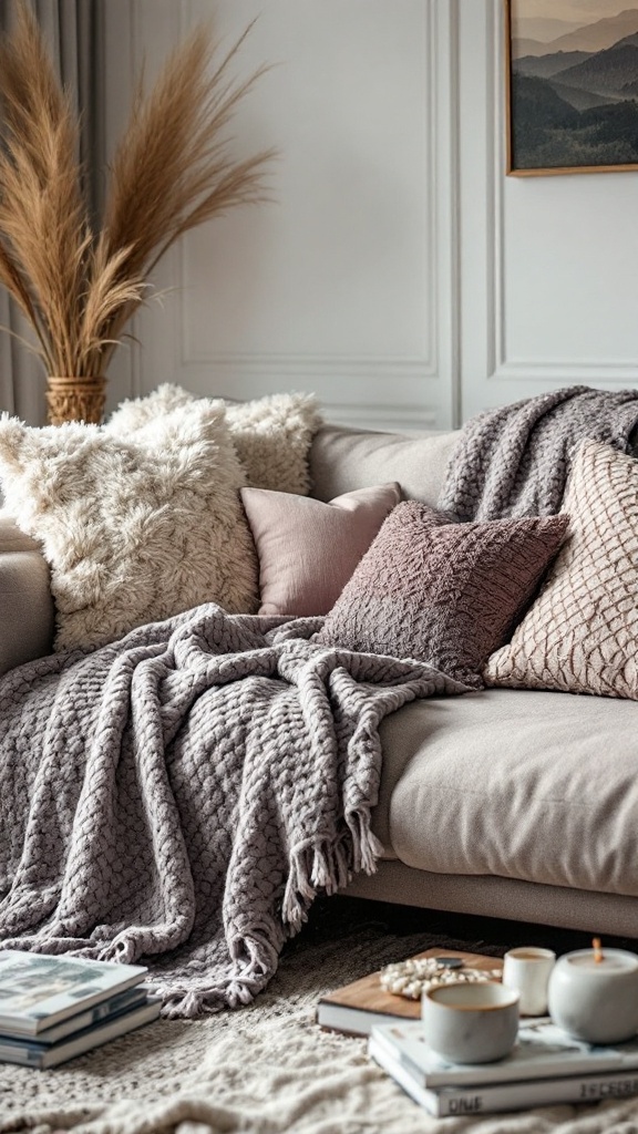 A cozy living room with a plush sofa covered in soft pillows and a knitted blanket, creating an inviting atmosphere.