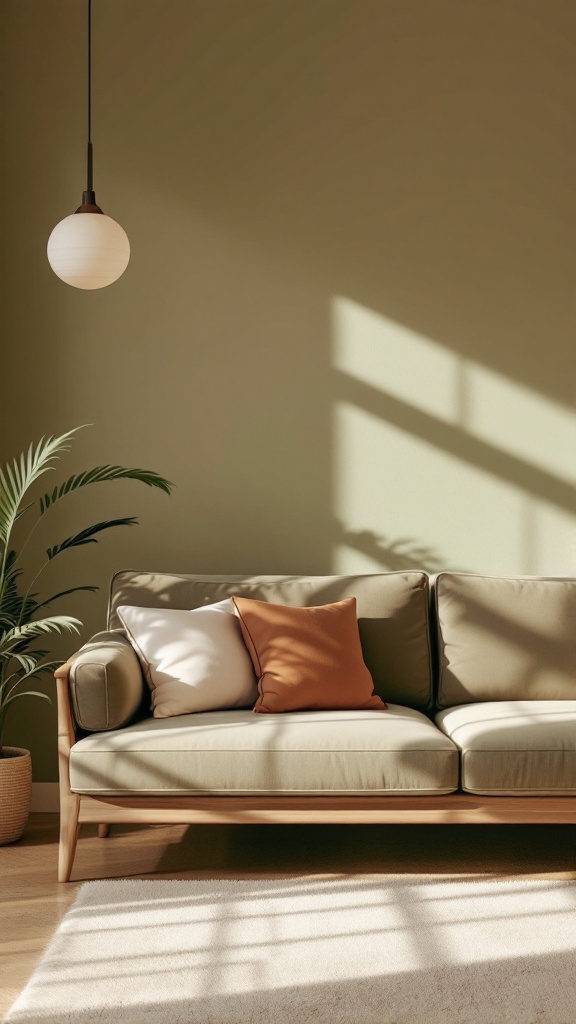 Cozy living room with a green wall, olive sofa, and warm-toned pillows, featuring natural light and plants.