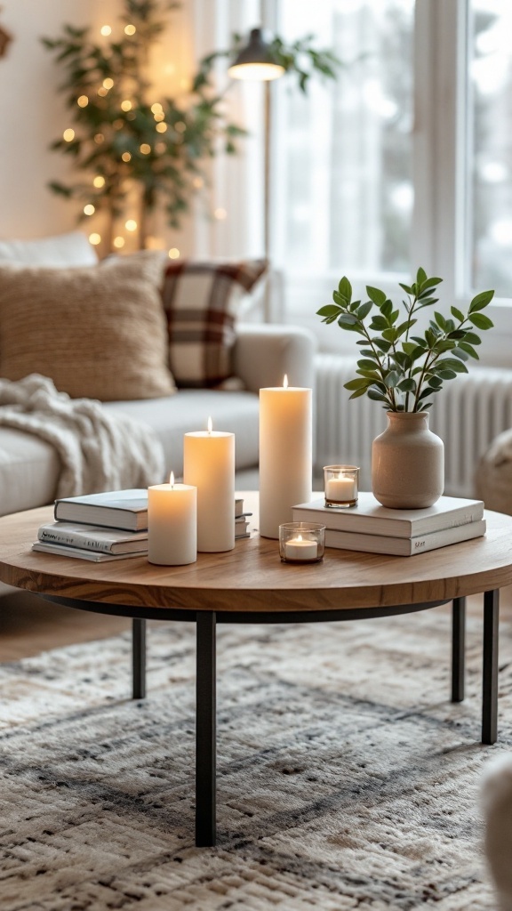 A coffee table with candles, books, and a vase of greenery.