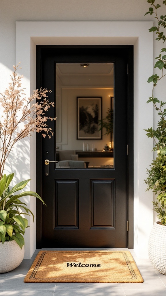 A black front door with a welcome mat and potted plants on either side.