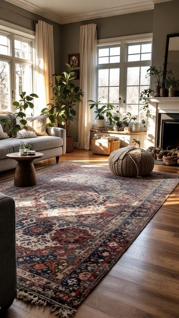 A cozy living room featuring a layered rug on hardwood floors with plants and natural light.