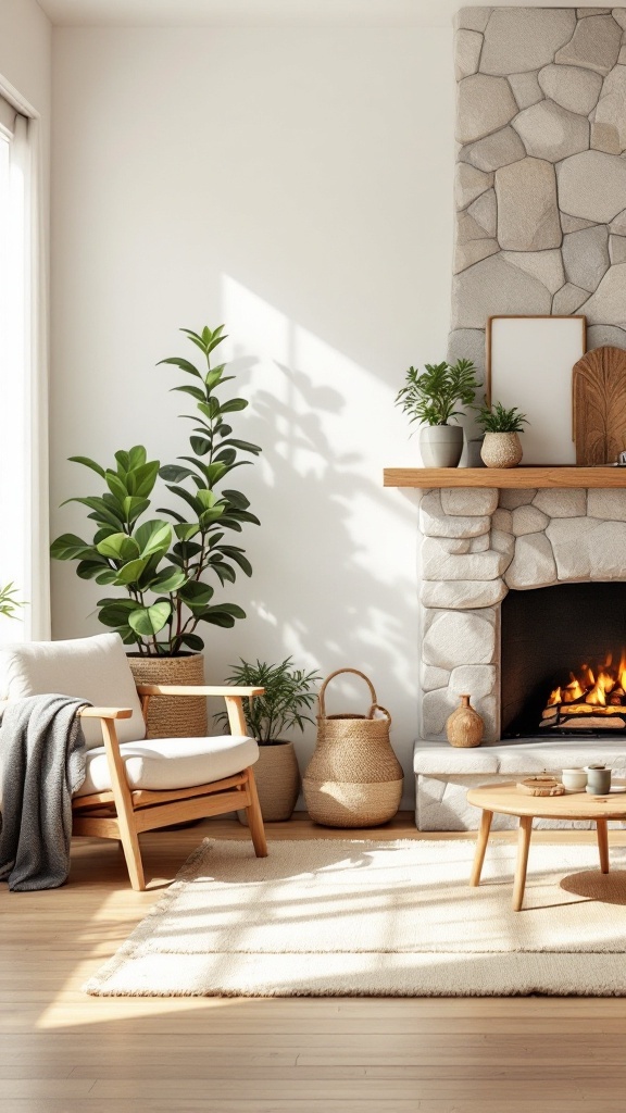 A cozy living room featuring a stone fireplace, plants, and natural decor elements.