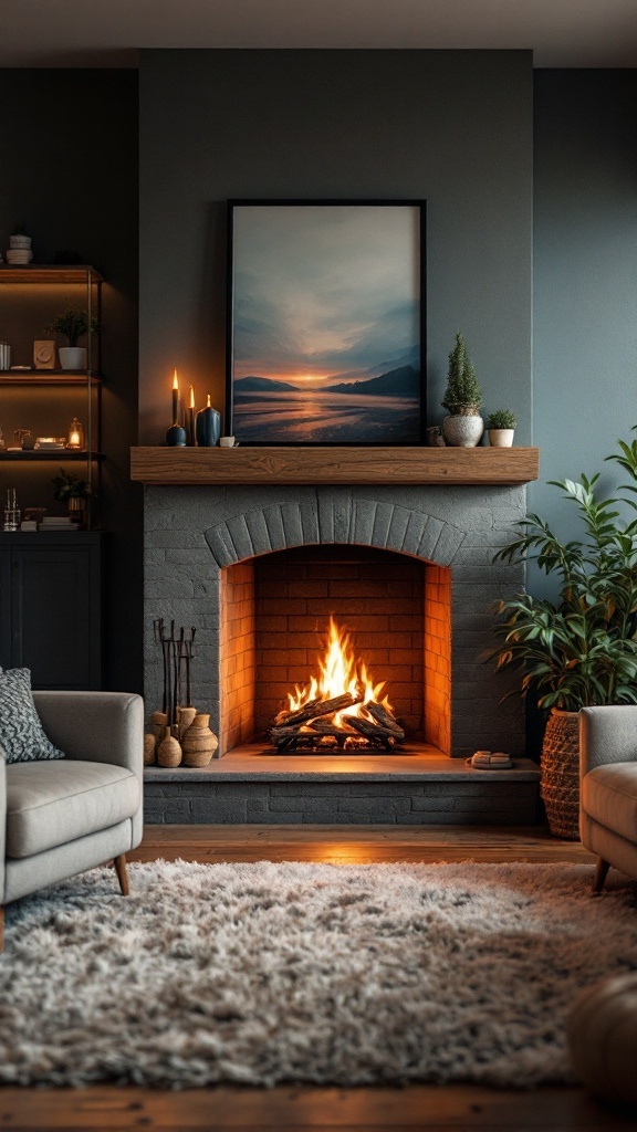 Cozy living room with indoor fireplace, warm fire, and inviting decor