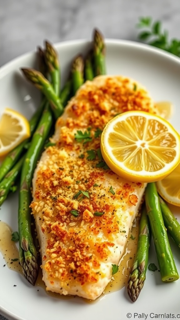 Baked Parmesan Crusted Tilapia with asparagus and lemon