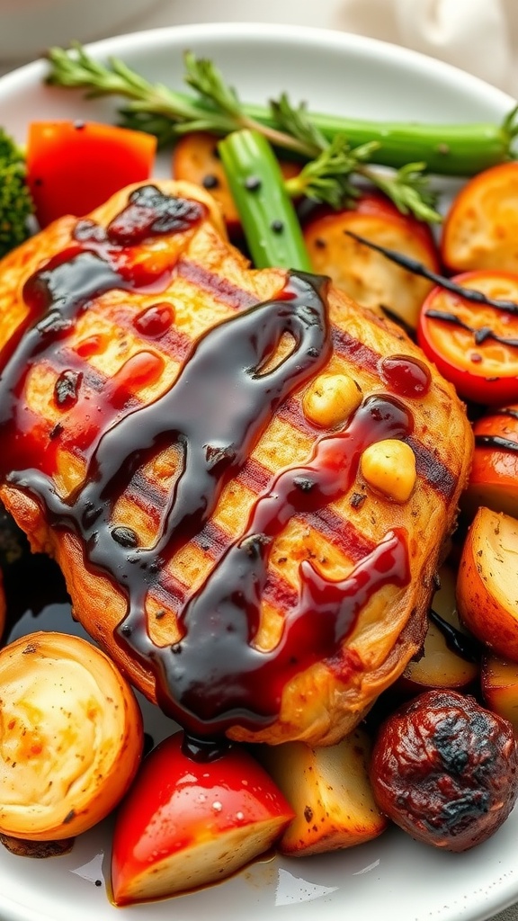 Delicious balsamic glazed chicken thighs served with assorted vegetables.